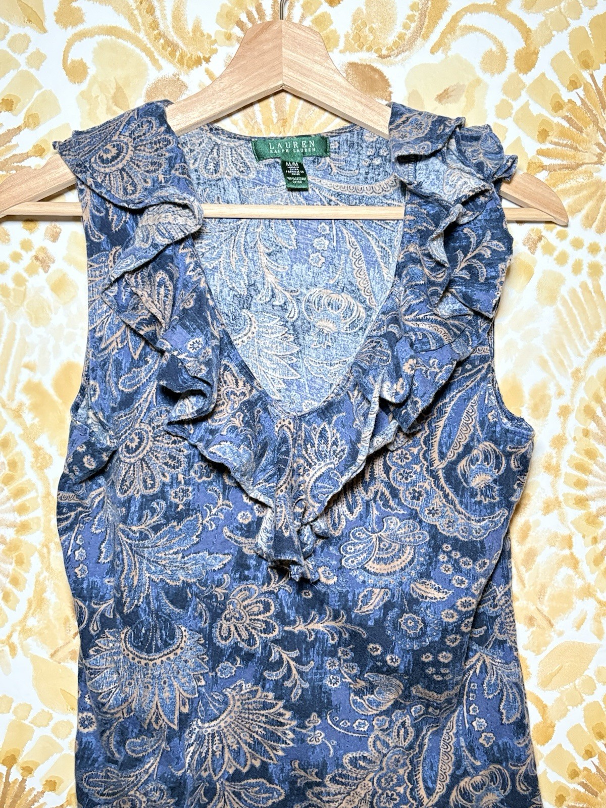 Lauren Ralph Lauren Blue Paisley Ruffle Sleeveless Blouse | Feminine Coastal