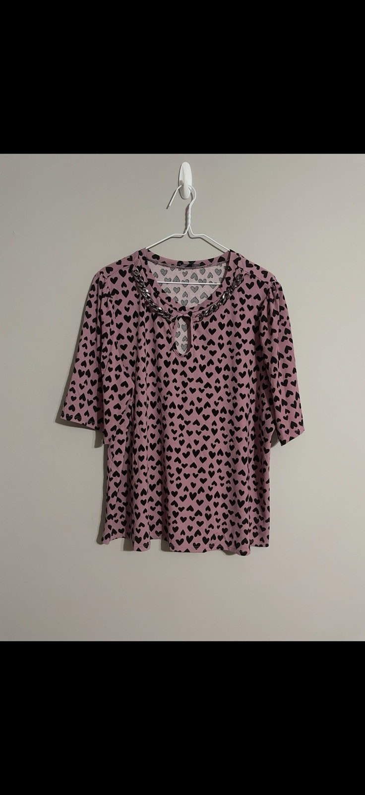 Como Black Mauve Black Hearts Built in Necklace Blouse 2x