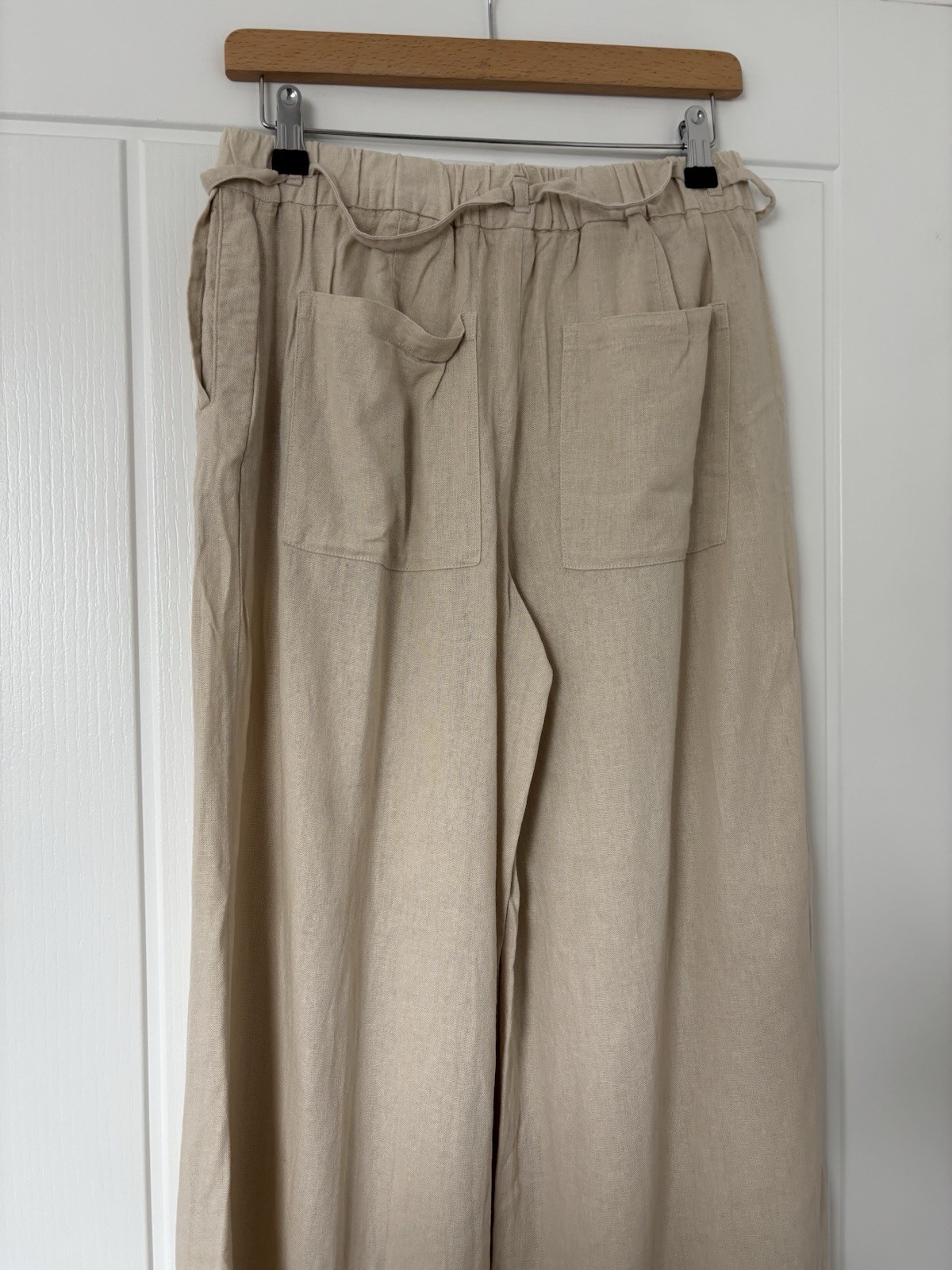 Zara Beige Natural Ecru Linen Blend Wide Leg Trousers Pants Tie Xs Pockets High