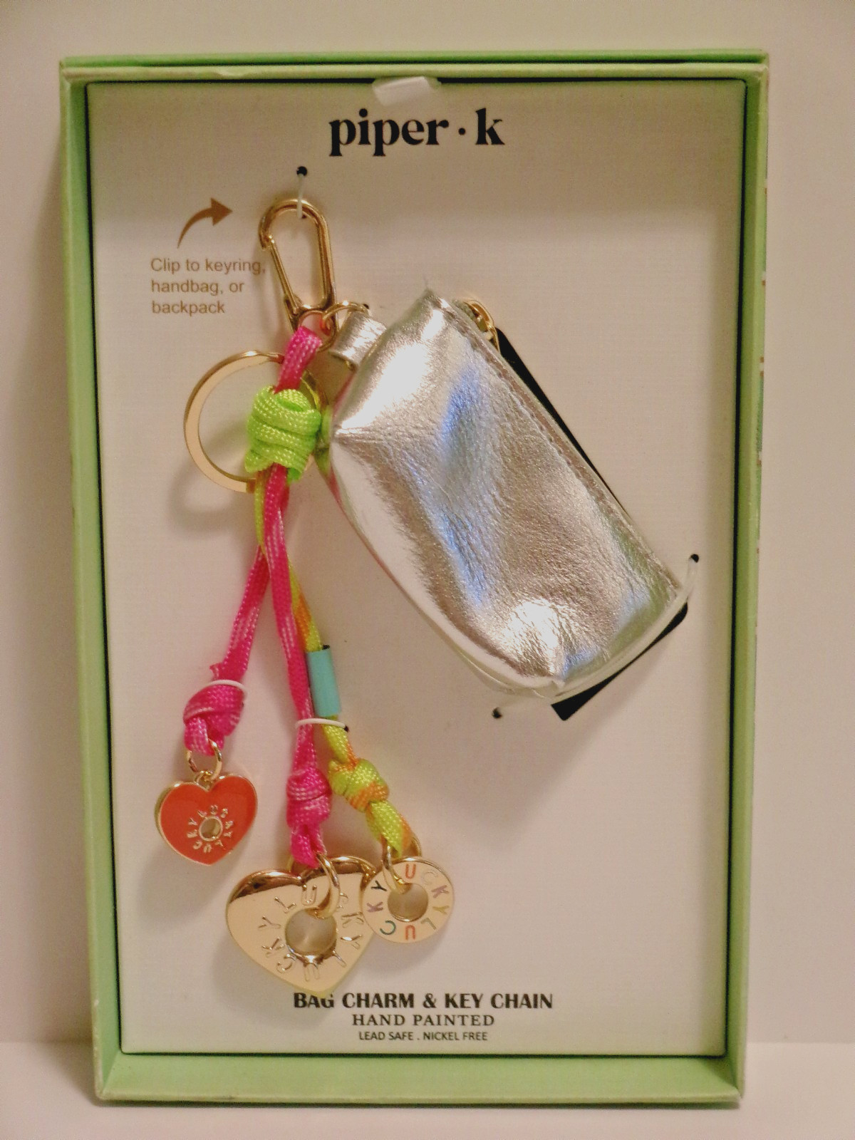 Piper K Bag Charm & Keychain Lucky Hearts & Silver Zipped Pouch NIB B61