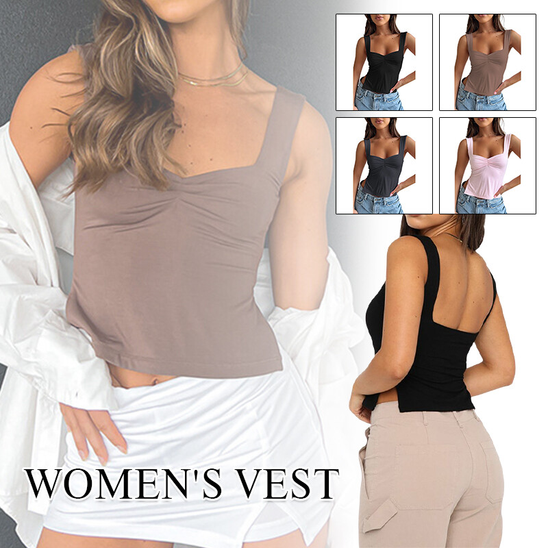 Women Sexy Low Cut Pleated Chest Camisole Crop Tank Top Sweetheart Slits Shirt