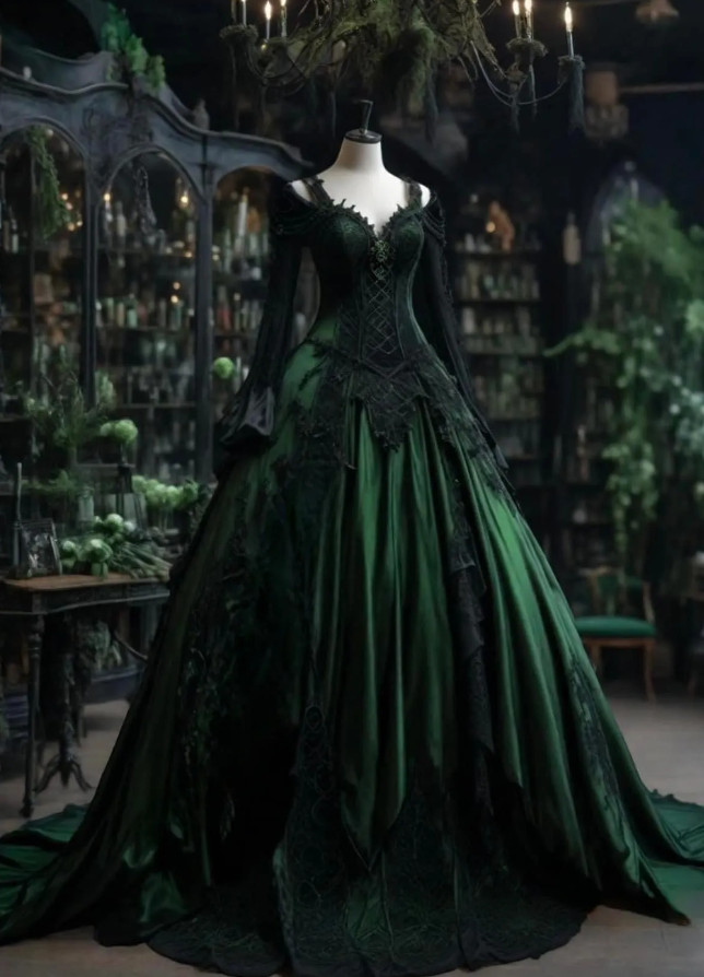 Emerald Green Gothic Corset Lace Satin Ball Gown Wedding Dresses With Train