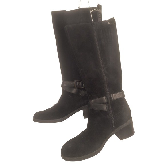 Clarks Black Suede Leather Knee High Boots Buckle Strap Stacked Heel Size 7