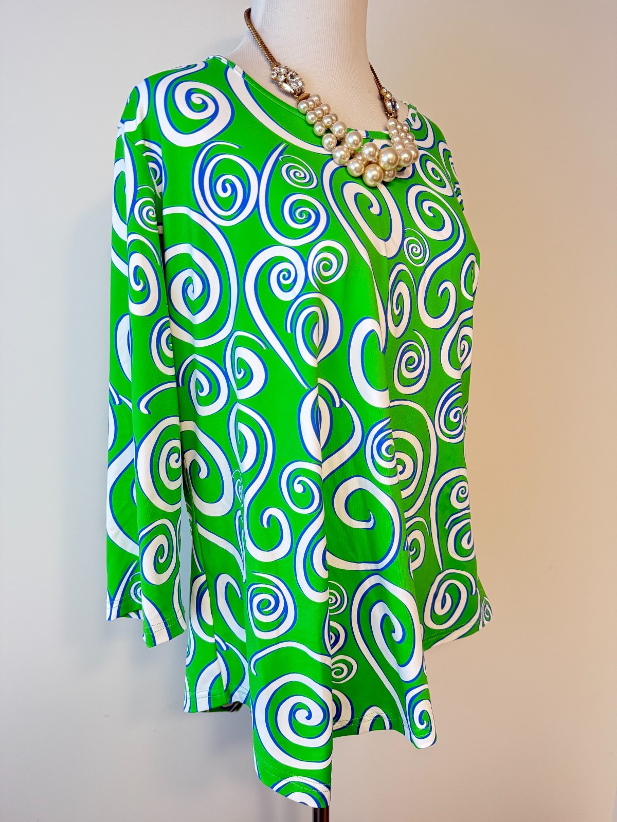LULU B Green & Blue Abstract Swirl Print 3/4 Sleeve Top – Sz M
