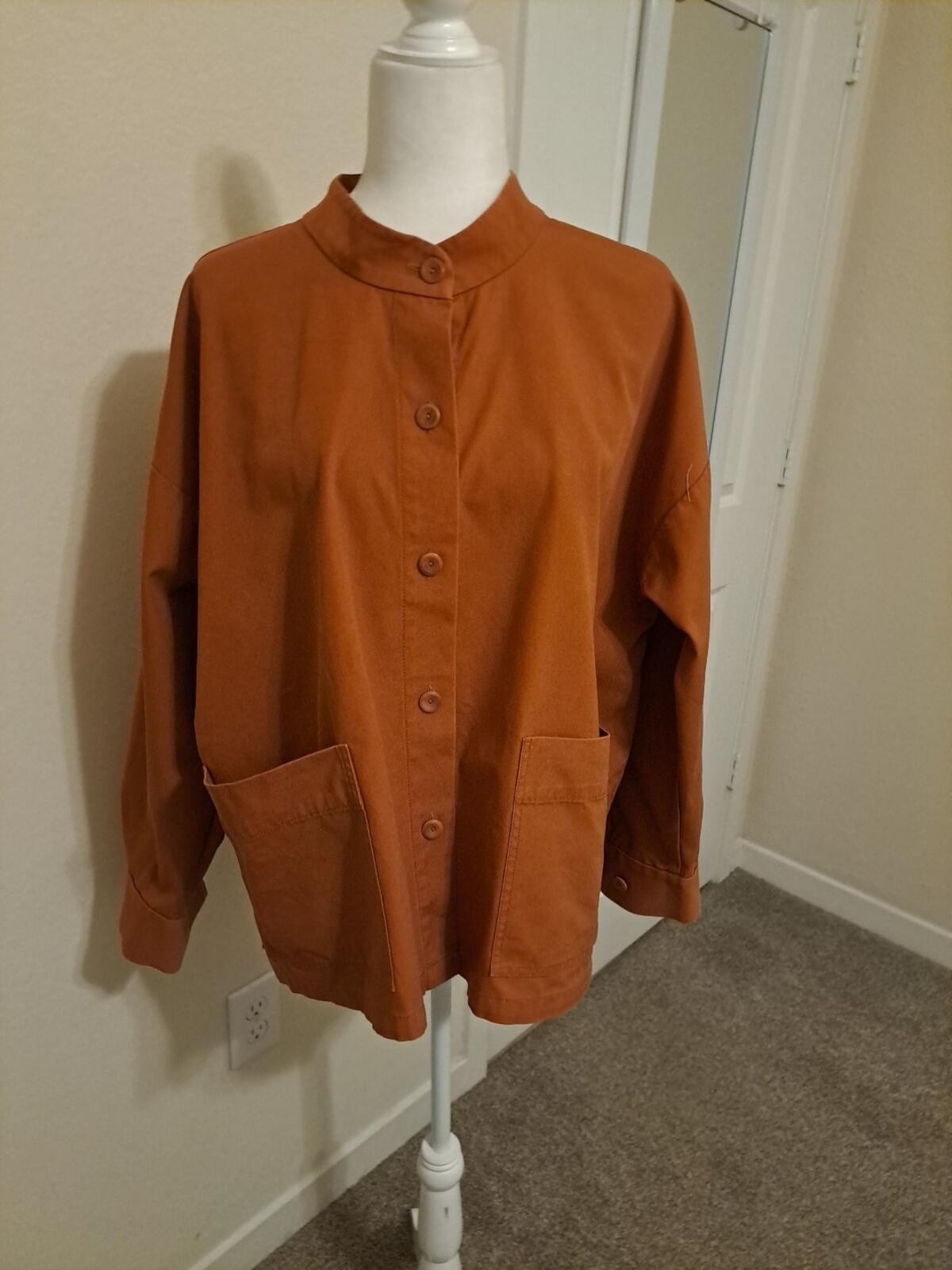 Eileen Fisher Terracotta Mandarin Collar Orga.Cotton L EUC Returns Accepted