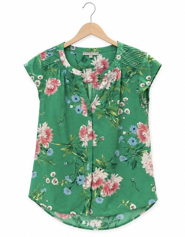 Women’s Daniel Rainn Green Floral Blouse Medium M Cap Sleeve Top