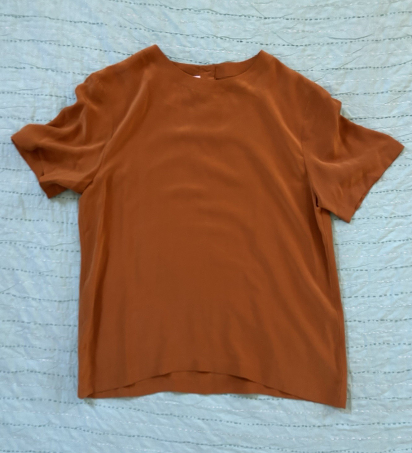 100% Silk Boutique Short Sleeve Blouse Rust Orange Back Button Detail Small