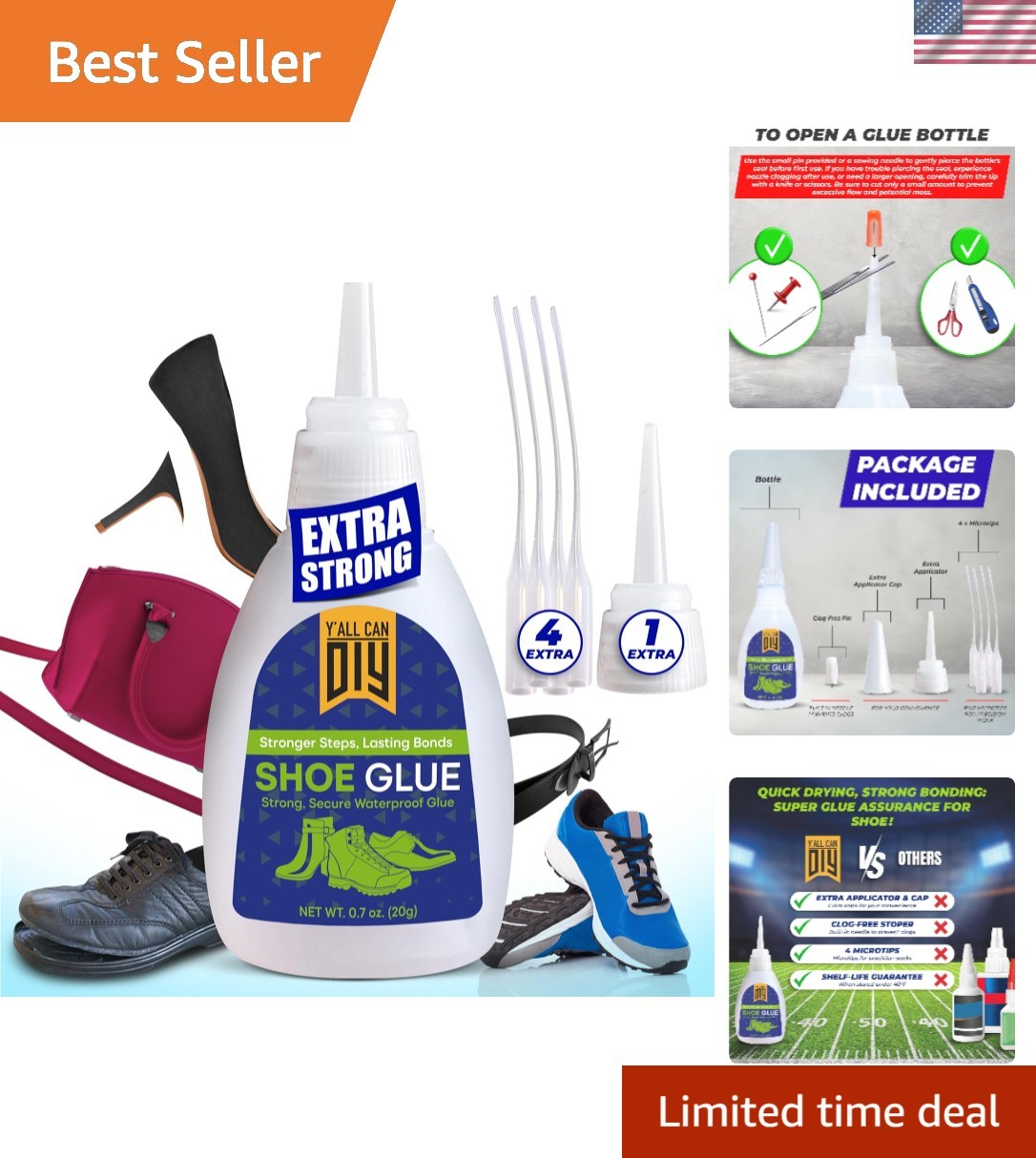 Y’allCanDiy Heavy Duty Shoe Glue for Waterproof Repairs – Quick-Dry 0.7 Oz