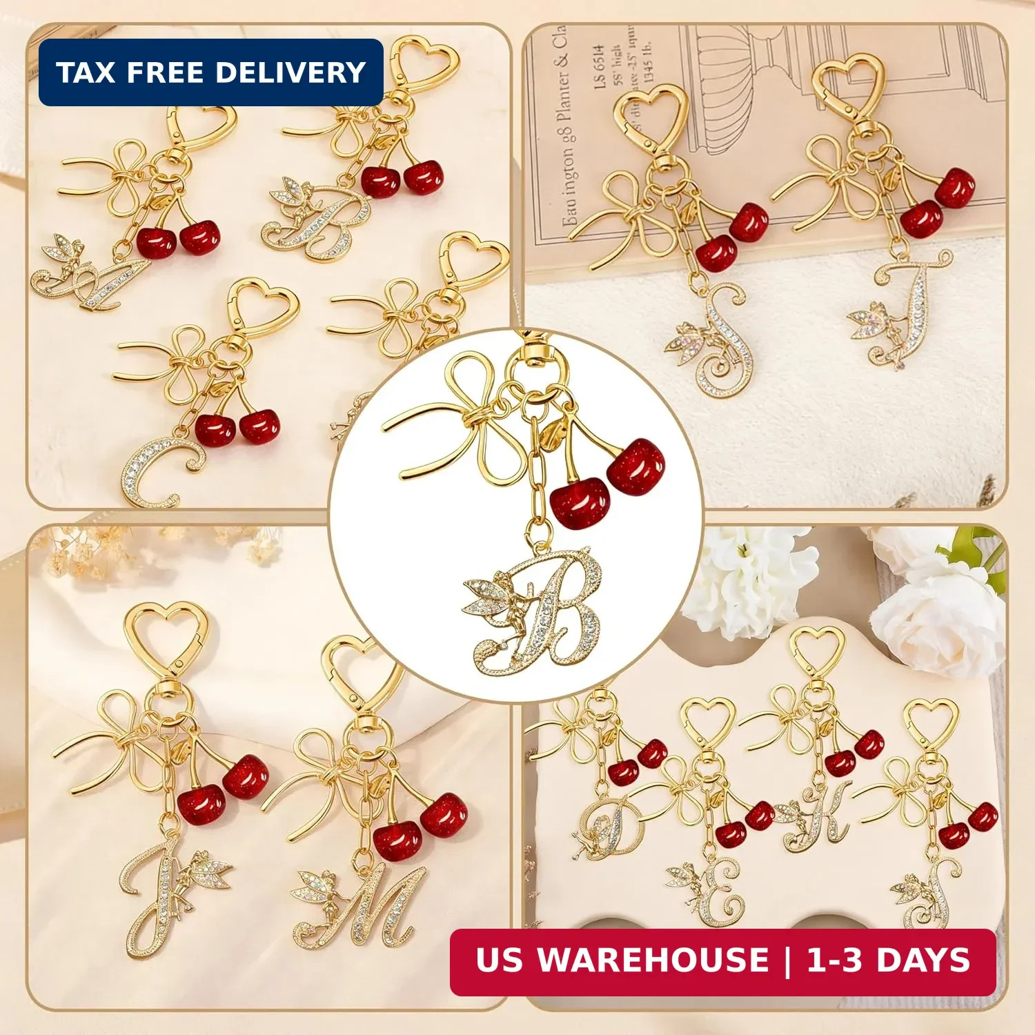 Initial Keychain with Bow and Cherry,Gold Letter Bag Charms for Women,Cute Purse
