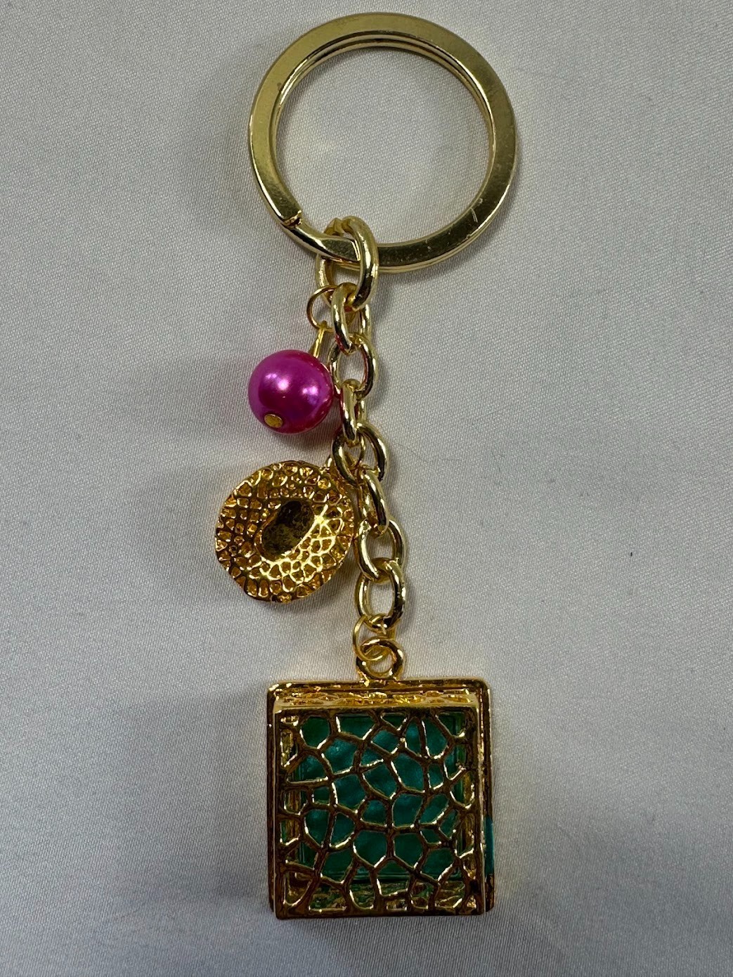 Gold Tone Mosaic Teal Square Charm Keychain Bag Accessory Initial O Pink Bead