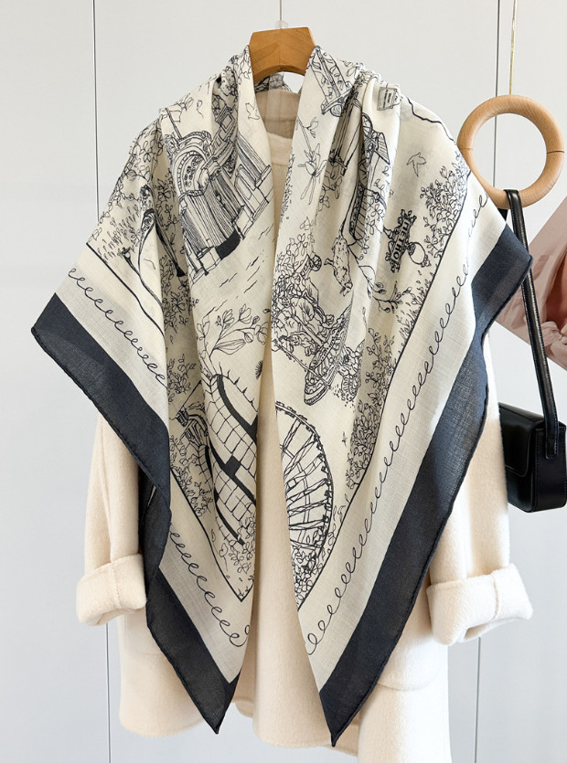 70% Cashmere 30% Silk Paris Street Print Shawl 135X135cm Scarf Wrap Double Face