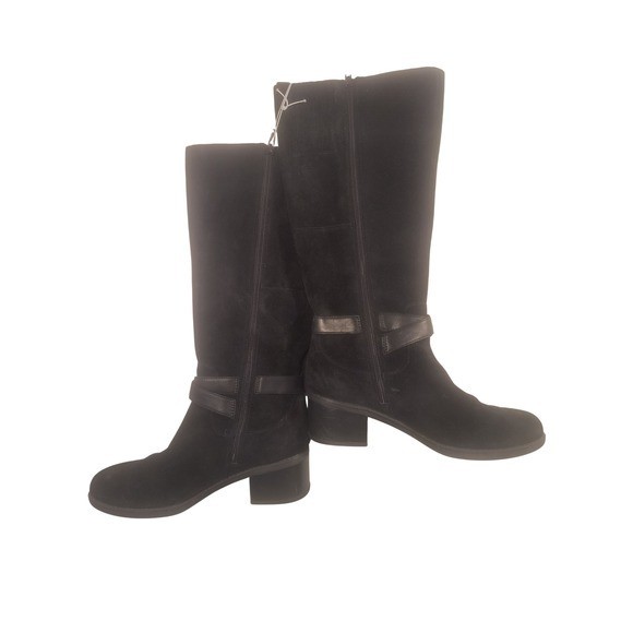 Clarks Black Suede Leather Knee High Boots Buckle Strap Stacked Heel Size 7