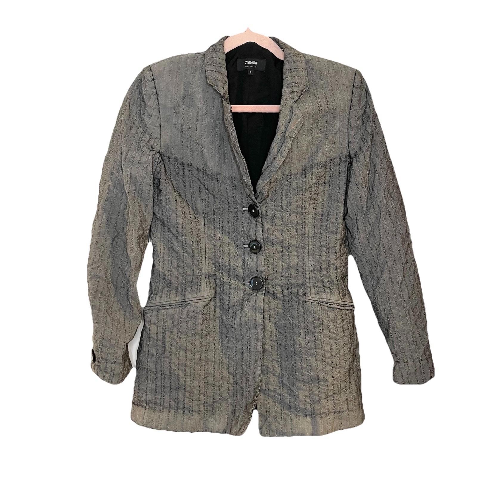Zanella Womens Silk Wool Crinkle Gray Black Blazer Jacket Italy Career Size 6