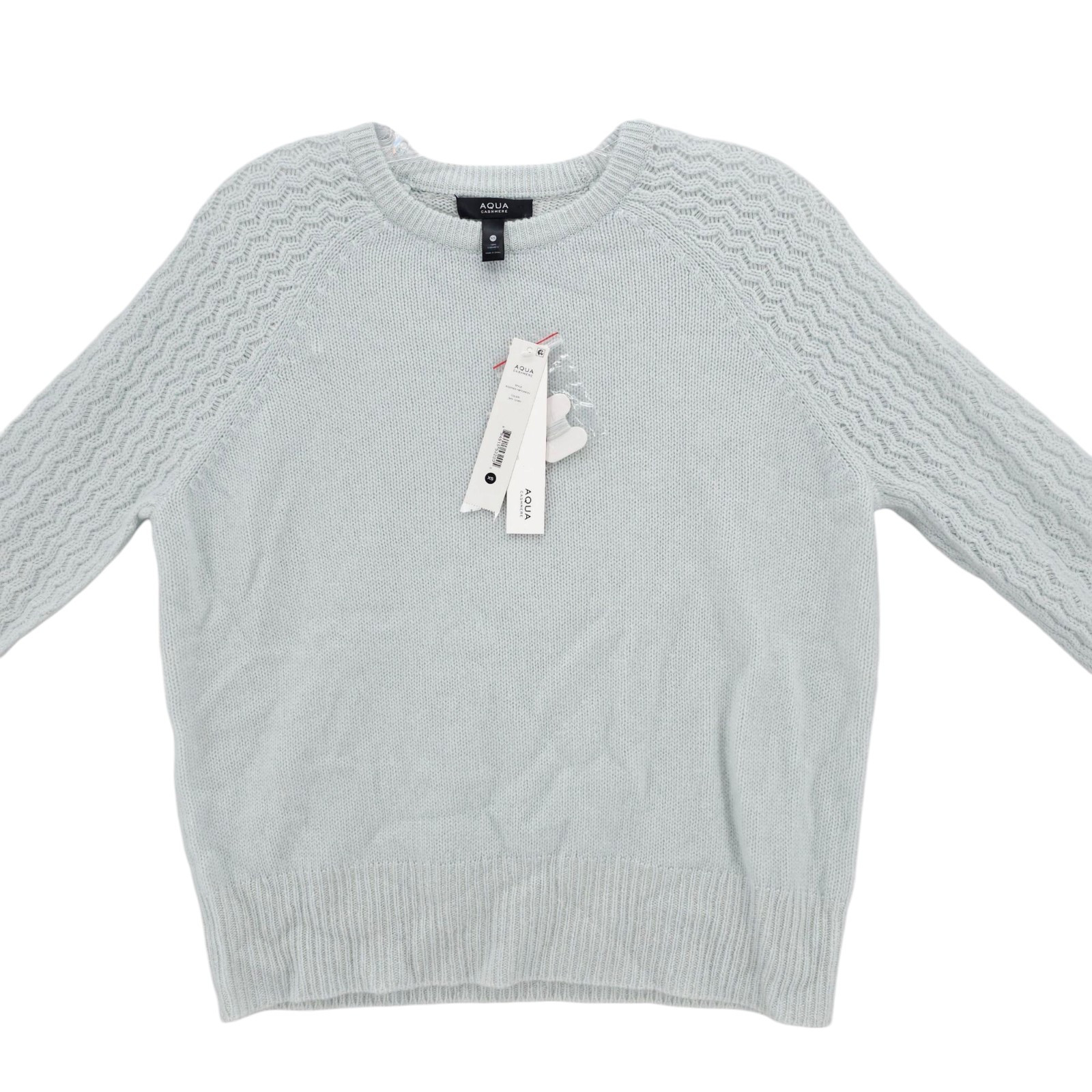 NWT AQUA 100% Cashmere Sweater Shell Stitch Sleeve Sky Ivory Blue Size XS