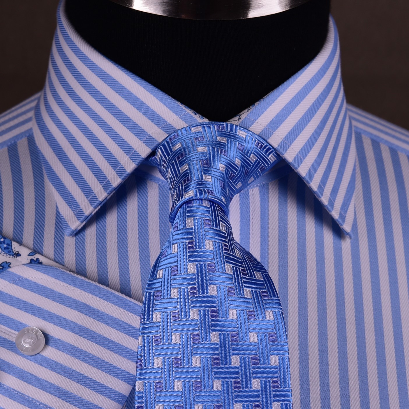 Mens Blue Formal & Business Dress Shirt Herringbone Twill Striped Floral Paisley