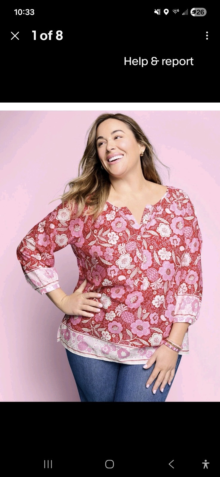 Talbots 1X Plus Tunic Blouse Floral V-Neck 3/4 Sleeve 100% Cotton Pink