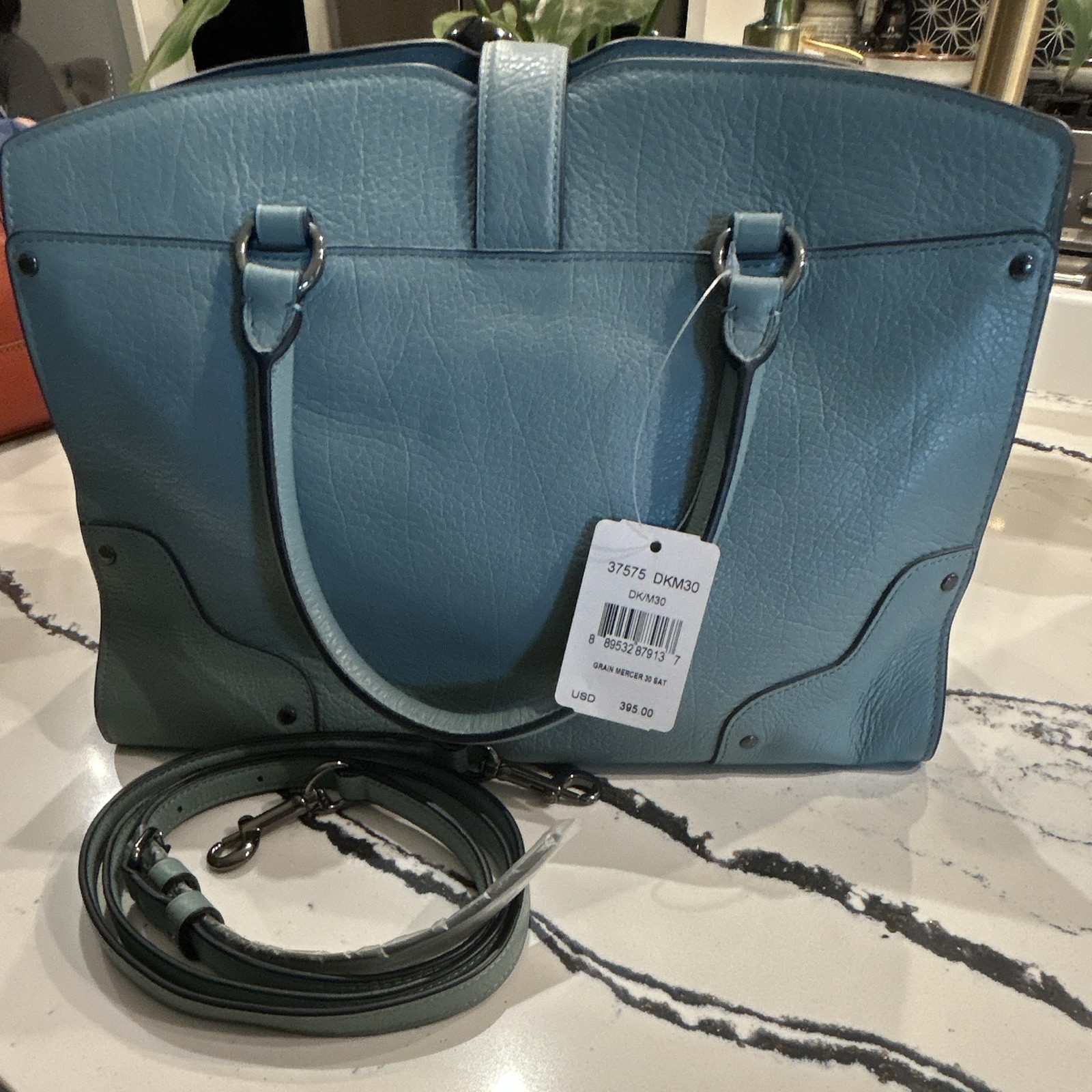 Coach Blue Pebbled Zip Satchel Top Handle Detachable Strap Hang Tag Gunmetal