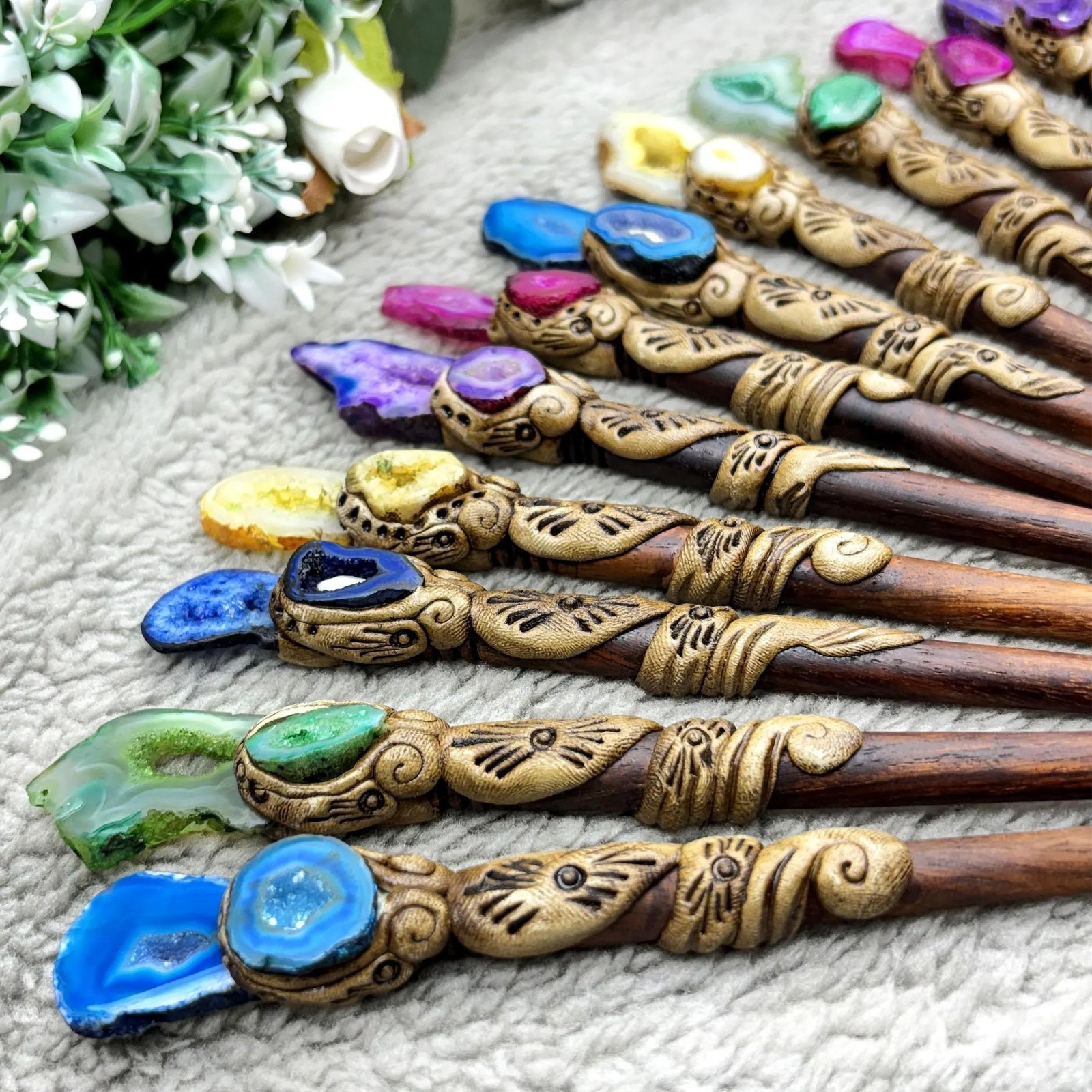 Window Druzy Hair Stick, Agate Slices Stick, Polymer Clay Sticks wholesale lot