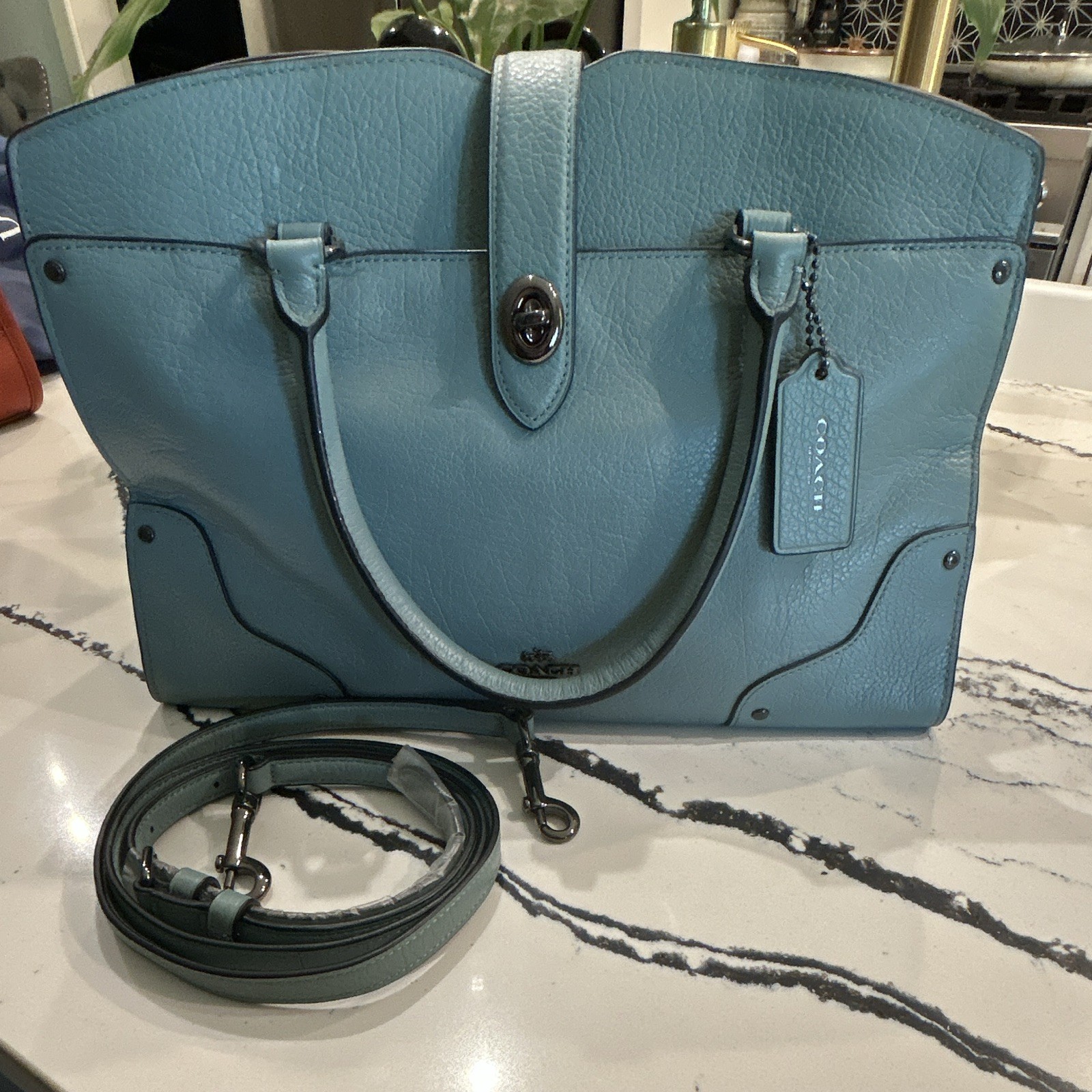 Coach Blue Pebbled Zip Satchel Top Handle Detachable Strap Hang Tag Gunmetal