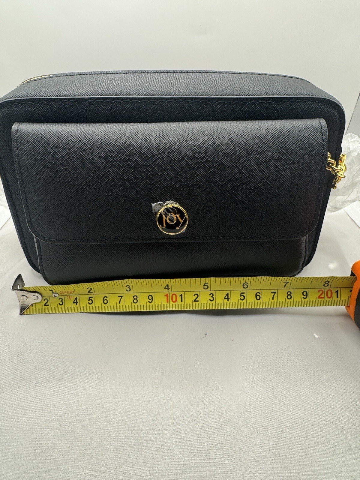 JOY Black Saffiano Crossbody Bag Zip Gold-Tone Hardware, Adjustable Strap, Pouch