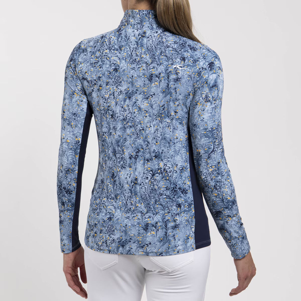KJUS SUNSHINE TRANQUIL BLUE BURST 1/4 ZIP LONG SLEEVE MOCK TOP WOMENS M GOLF NEW