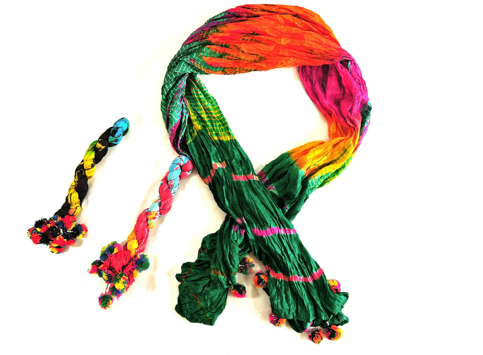 10 WHOLESALE LOT TIE-DYE INDIA SILK SCARF SHAWL WITH BEADS: 30″ X 90″ 10 PCS