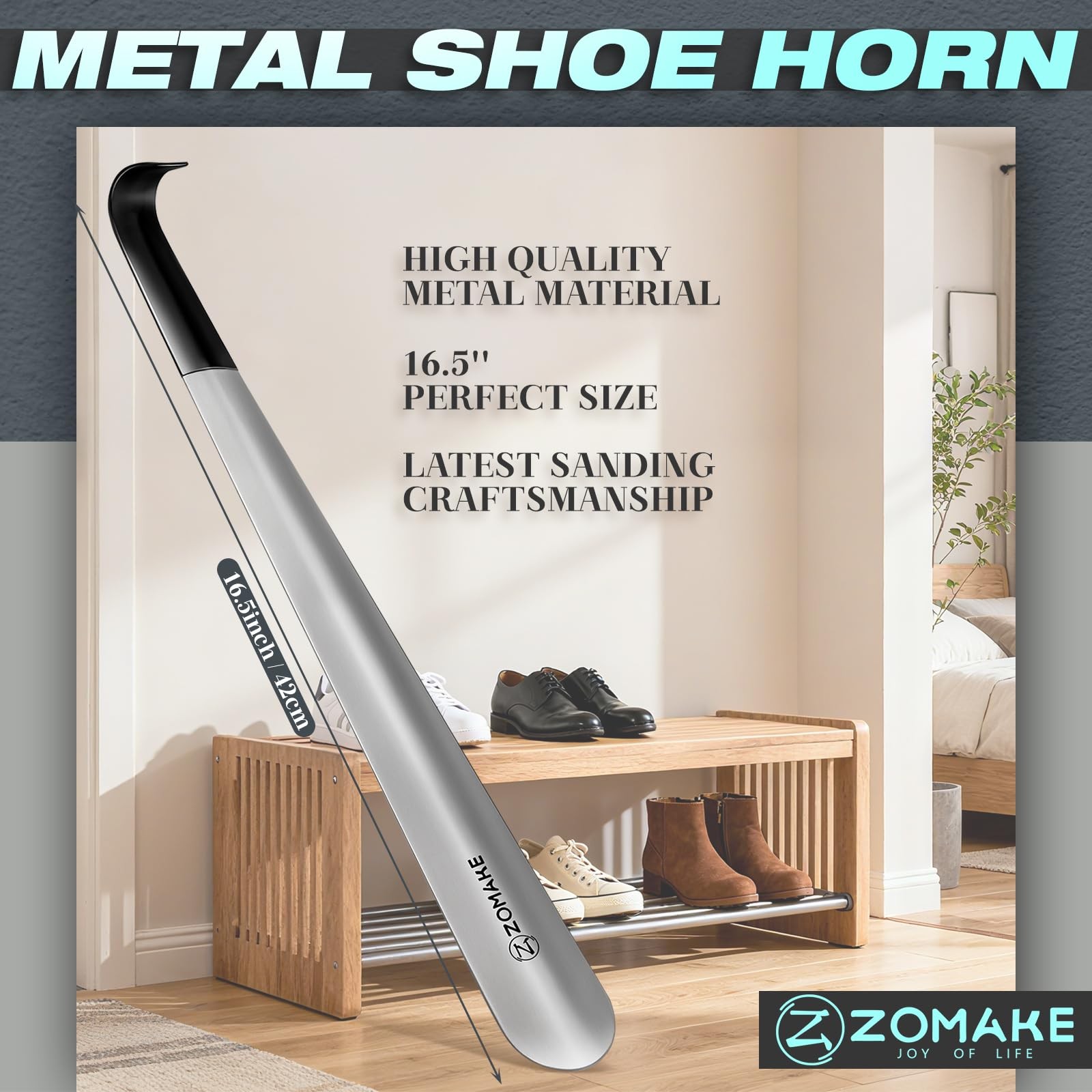 ZOMAKE 16.5″ Long Handle Shoe Horn Stainless Steel Metal Boot Spoon Men Women