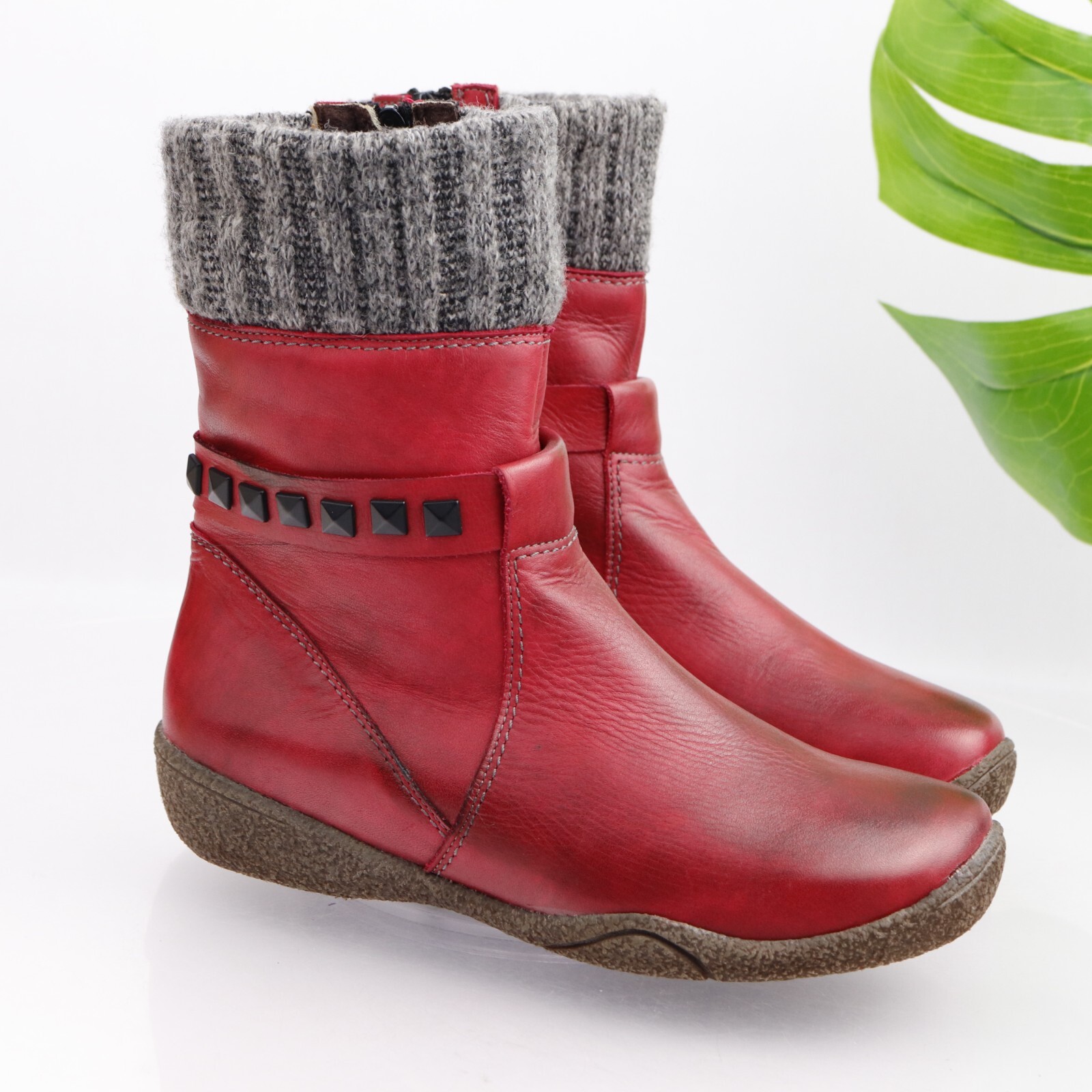 NAOT Theresia M Women’s Boot Size 7 Mid Red Leather Knit Cuff Comfy Orthotic