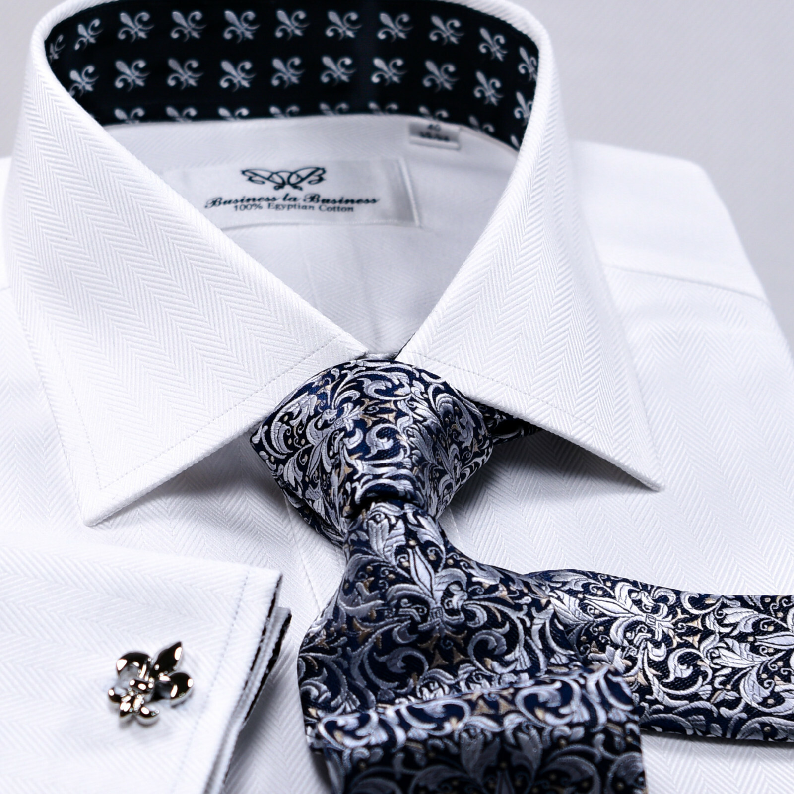 Black Italian Fleur-De-Lis White Heiingbone Twill Men’s Dress Shirt Sexy Floral