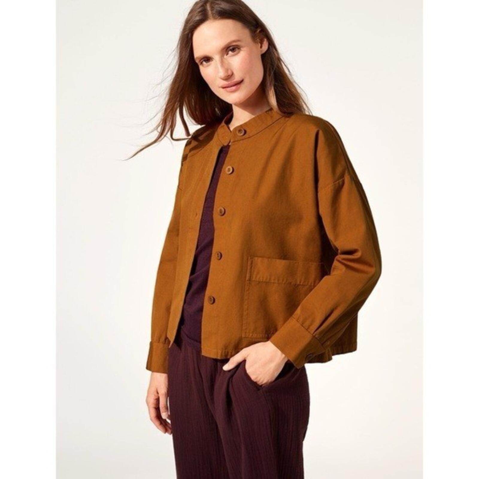 Eileen Fisher Terracotta Mandarin Collar Orga.Cotton L EUC Returns Accepted
