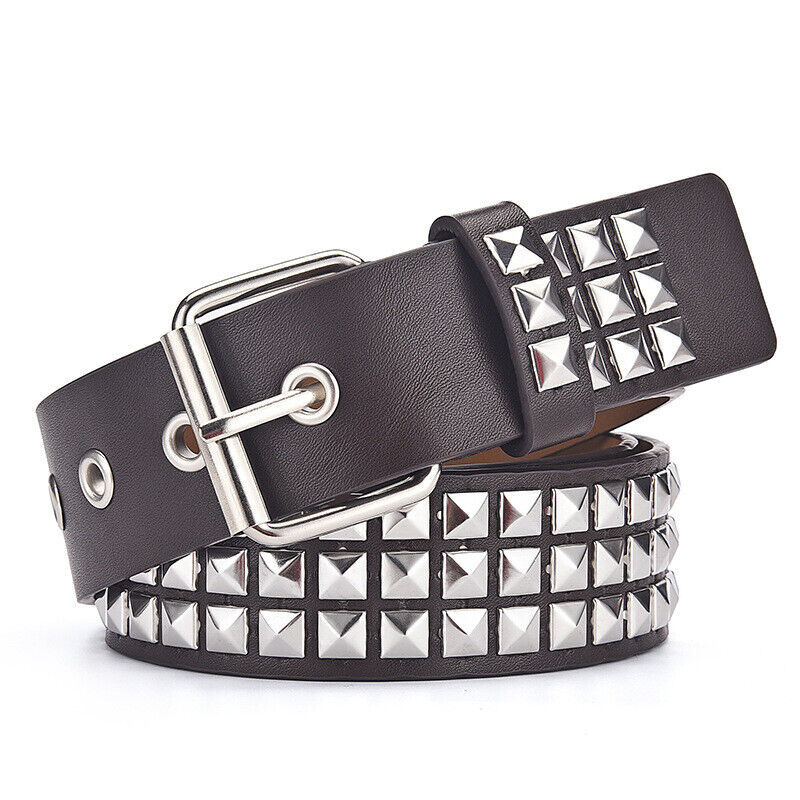 3 Row Pyramid Studded Belts Emo Stud Belt PU Leather Rock Punk Goth Metal Rivet