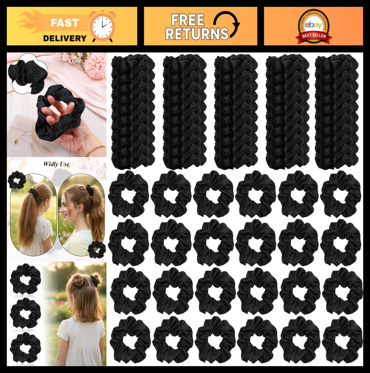 80 Silk Scrunchies Hair Ties – Large Satin Elastic Bands for All Hair Types – Vi