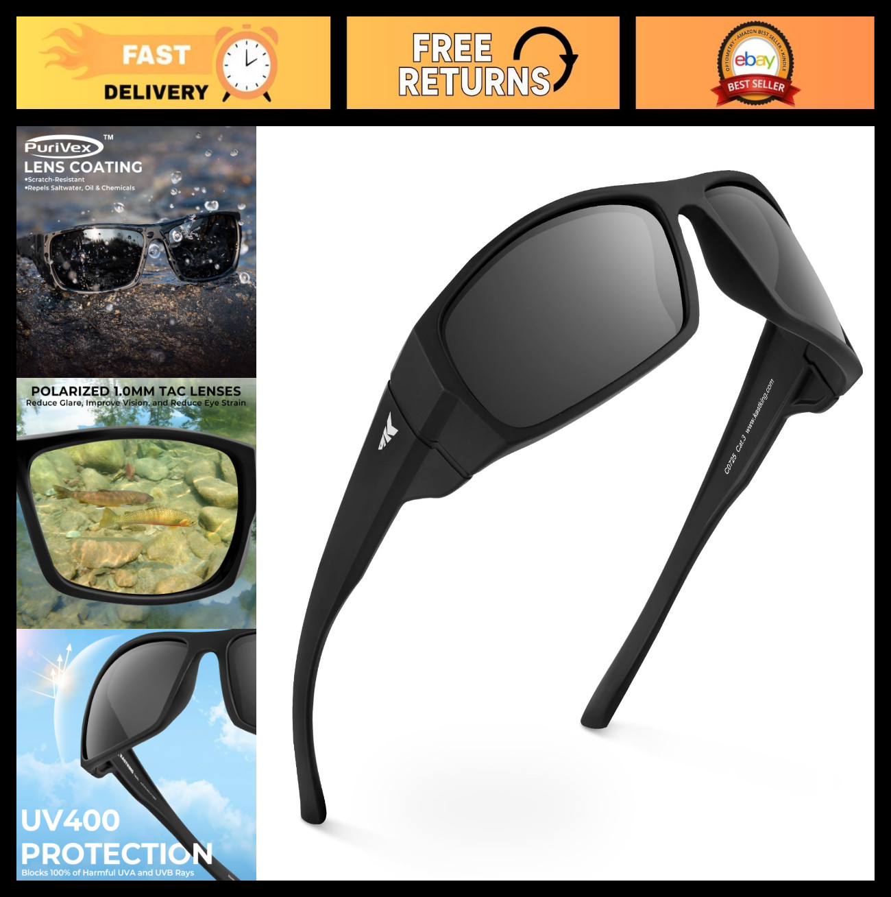 Polarized Sport Fishing Sunglasses, UV 400 Protection, Wrap Design, PuriVex Lens