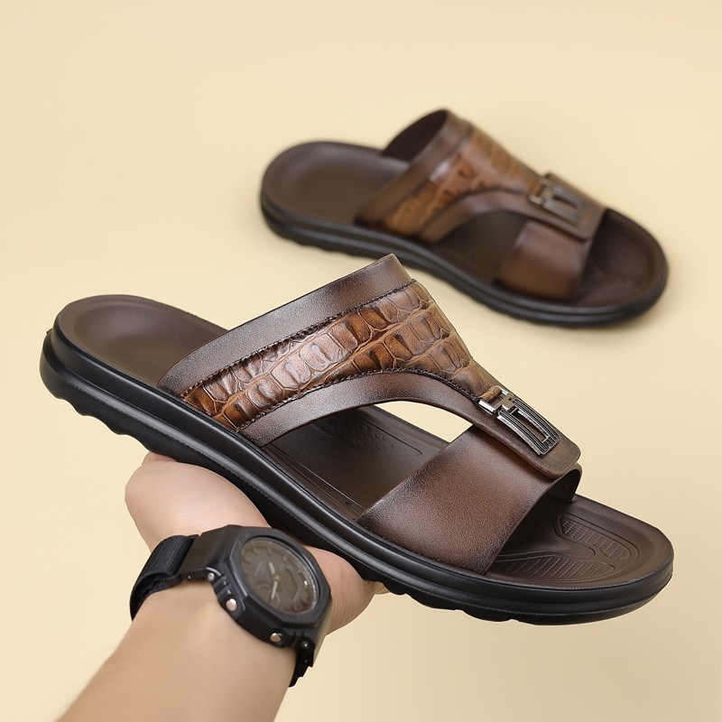 Men’s Croc-Embossed Slide Sandals, PU Leather, Comfort Non-Slip Rubber Sole