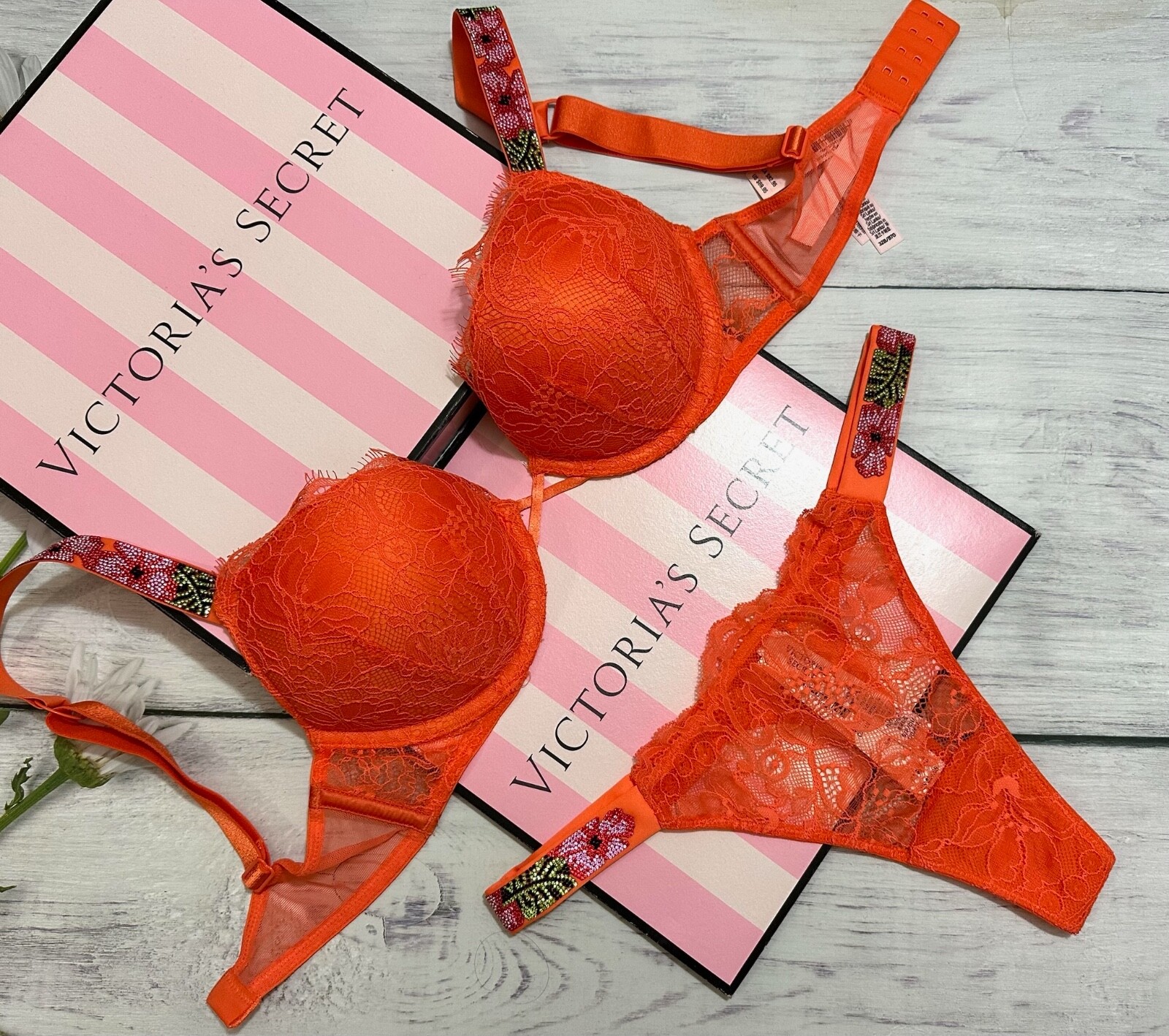Victoria’s Secret Shine Strap Bra Thong Set Bombshell Push Up Orange Hibiscus