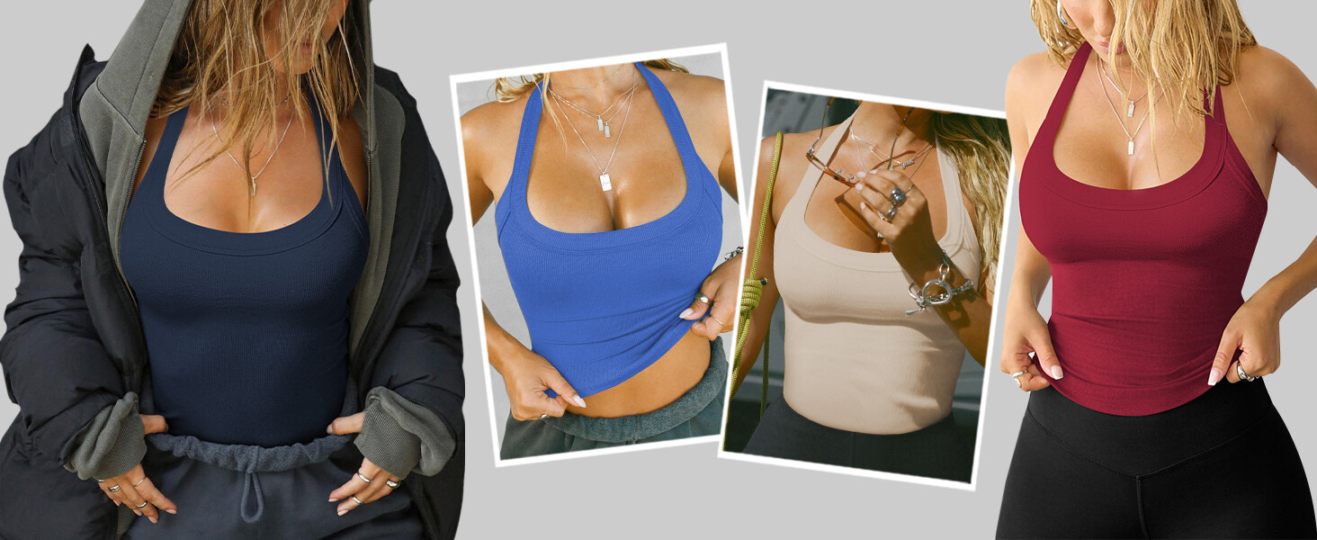 Womens Halter Top Deep Scoop Neck Low Cut Racerback Tank Top for Women