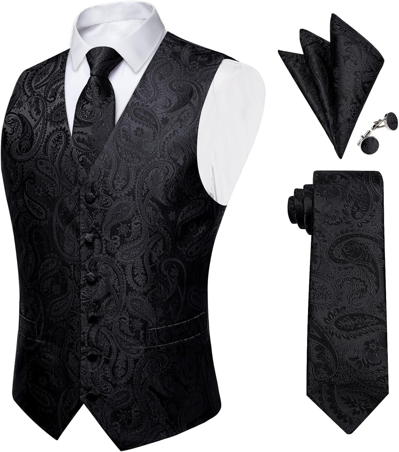 Mens Paisley Silk Vest Tie Pocket Square Cufflinks Set for Wedding Party Formal