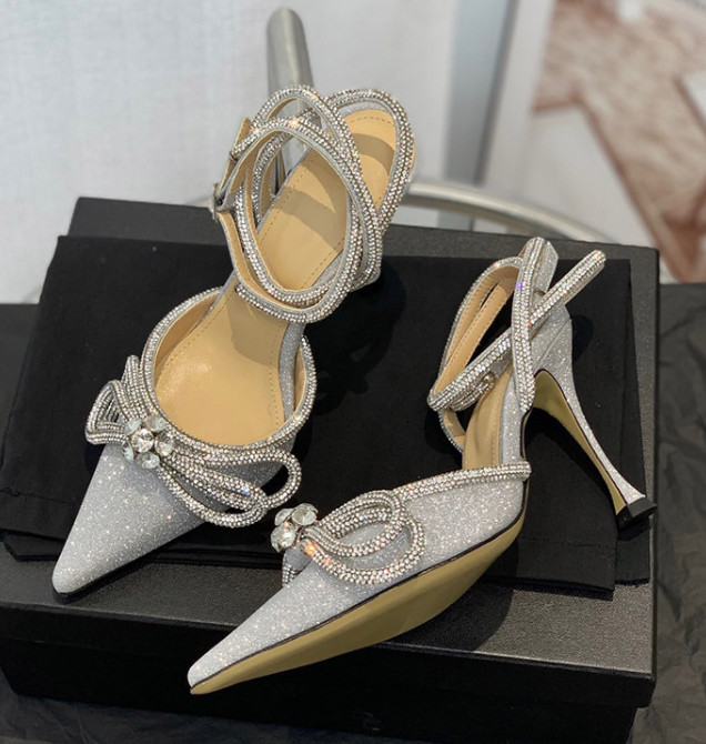 Women Rhinestone Ankle Strappy Pumps Bowknot Pointed Toe Stilettos Glitter Shoes