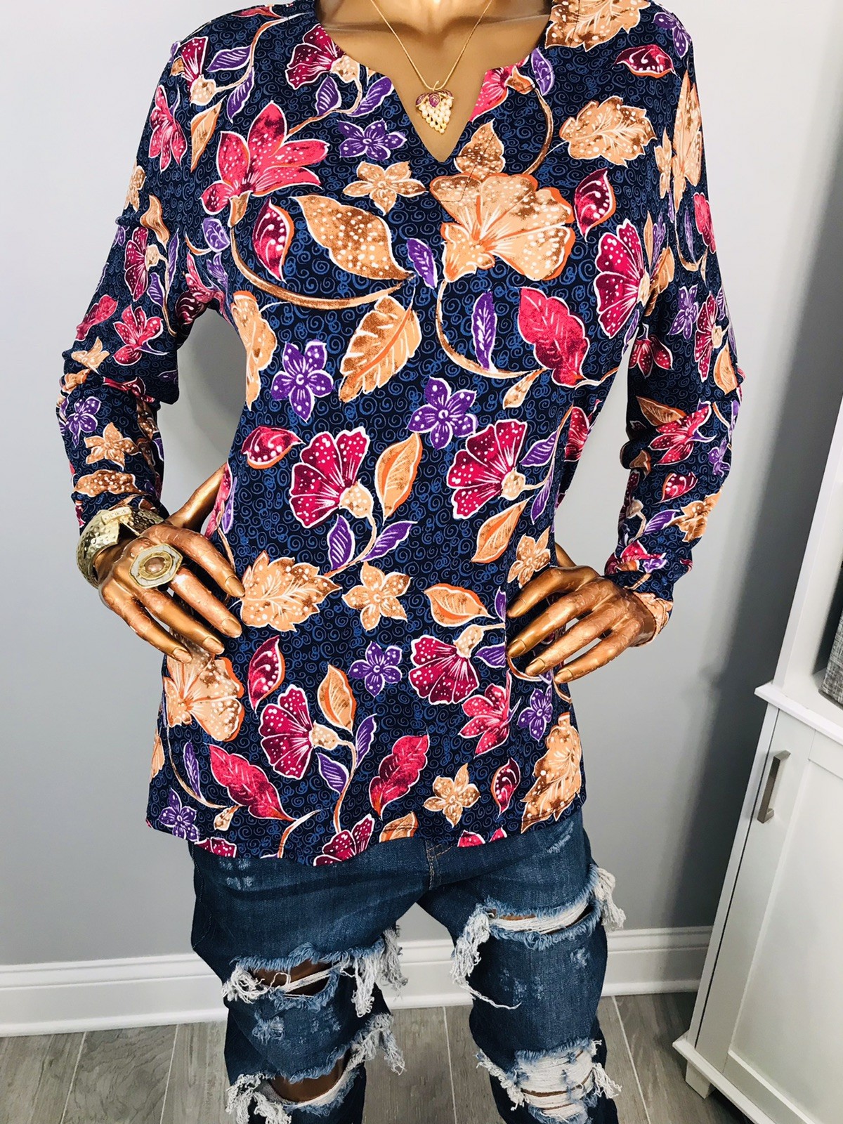 Susan Graver L Top Stretch Loose Fit Floral Prints Blouse Tunic Long Slv Low Cut