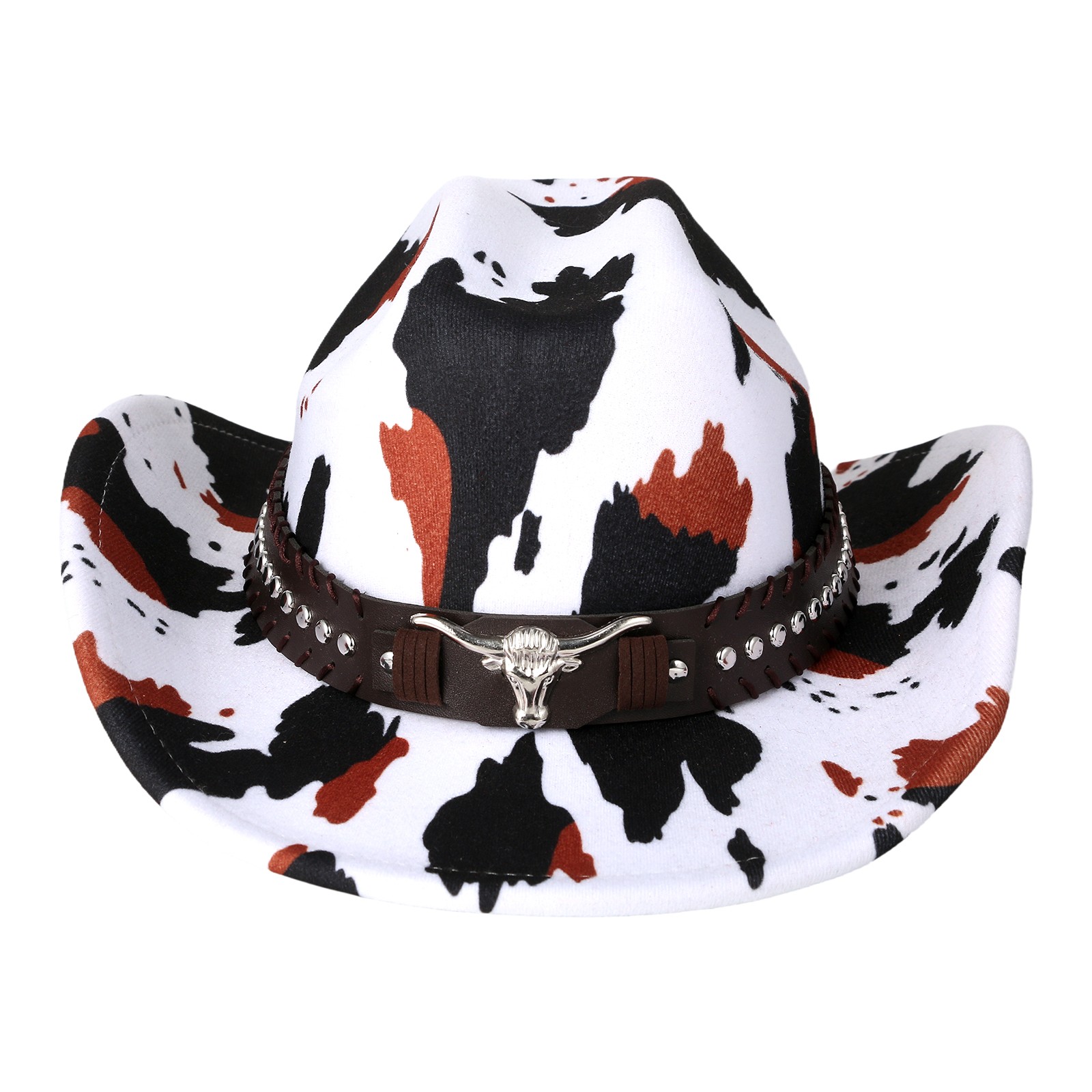 Women Western Cow Print Wide Brim Cowboy Hat with Cow Head Rivet Belt Decoration