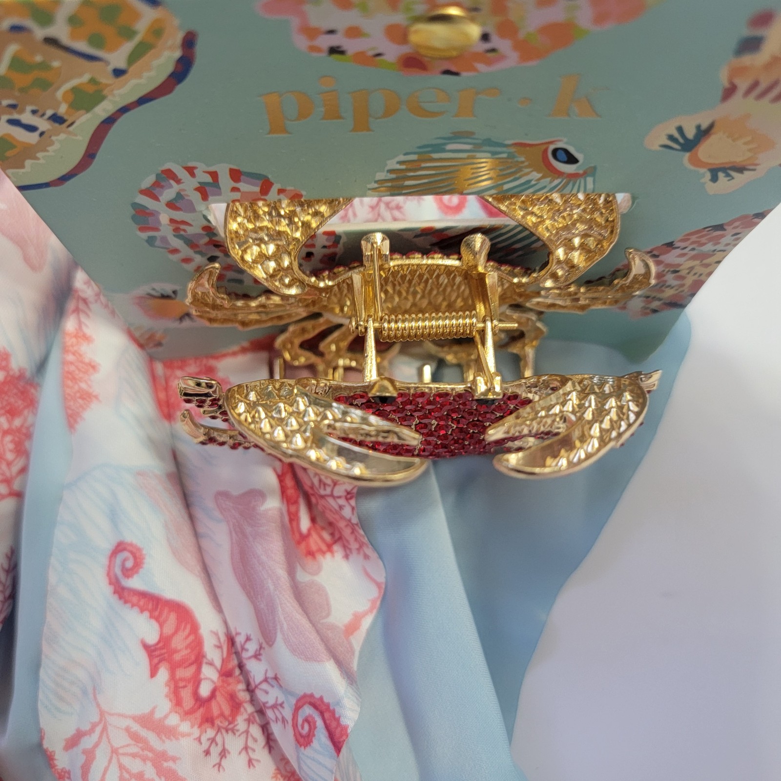 Piper K Coastal Scarf and Rhinestone CRAB Gold Hair Claw Clip Nautical SEA LIFE