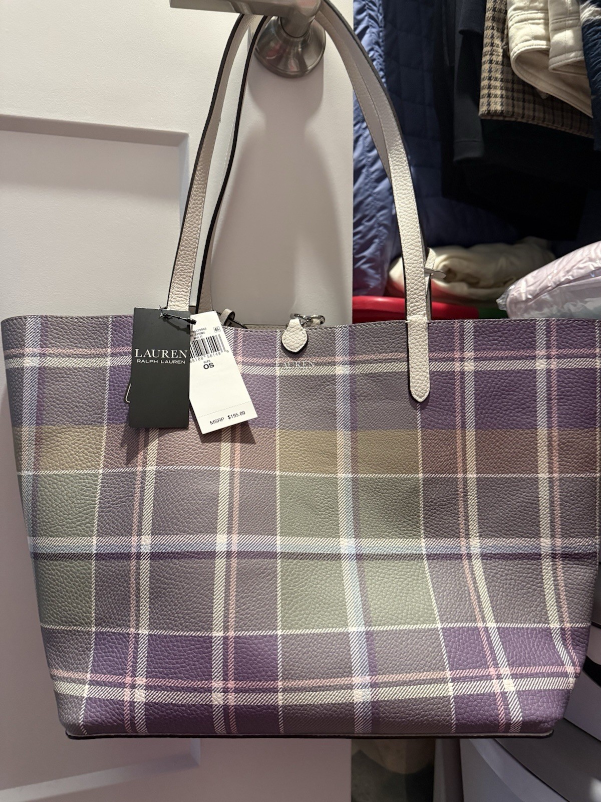 Lauren Ralph Lauren Plaid Pebbled Zip Tote Bag Purple Beige White Silver