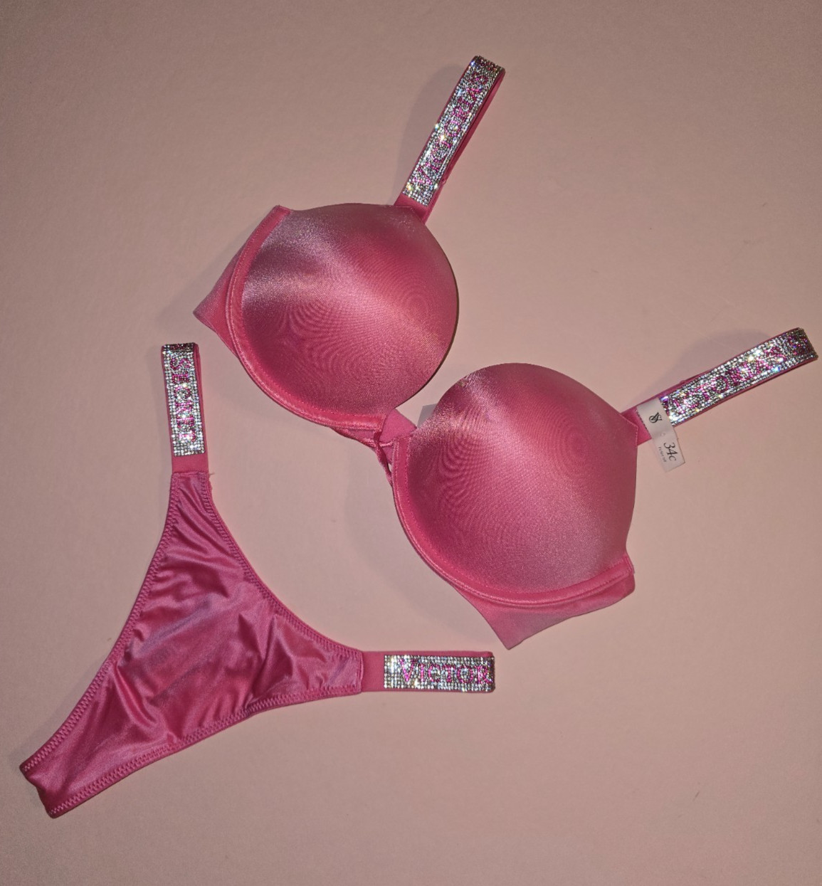 Victoria’s Secret Shine Strap Bombshell Push Up Bra Thong Set Rose Garden NWT