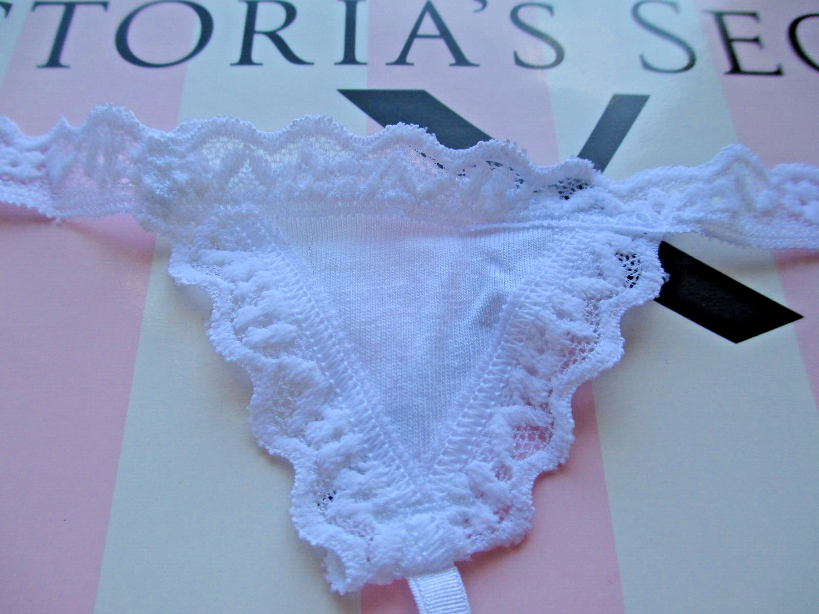 VICTORIA’S SECRET White Cotton V-String Thong Panty VS Lace Trim S M L XL NWT
