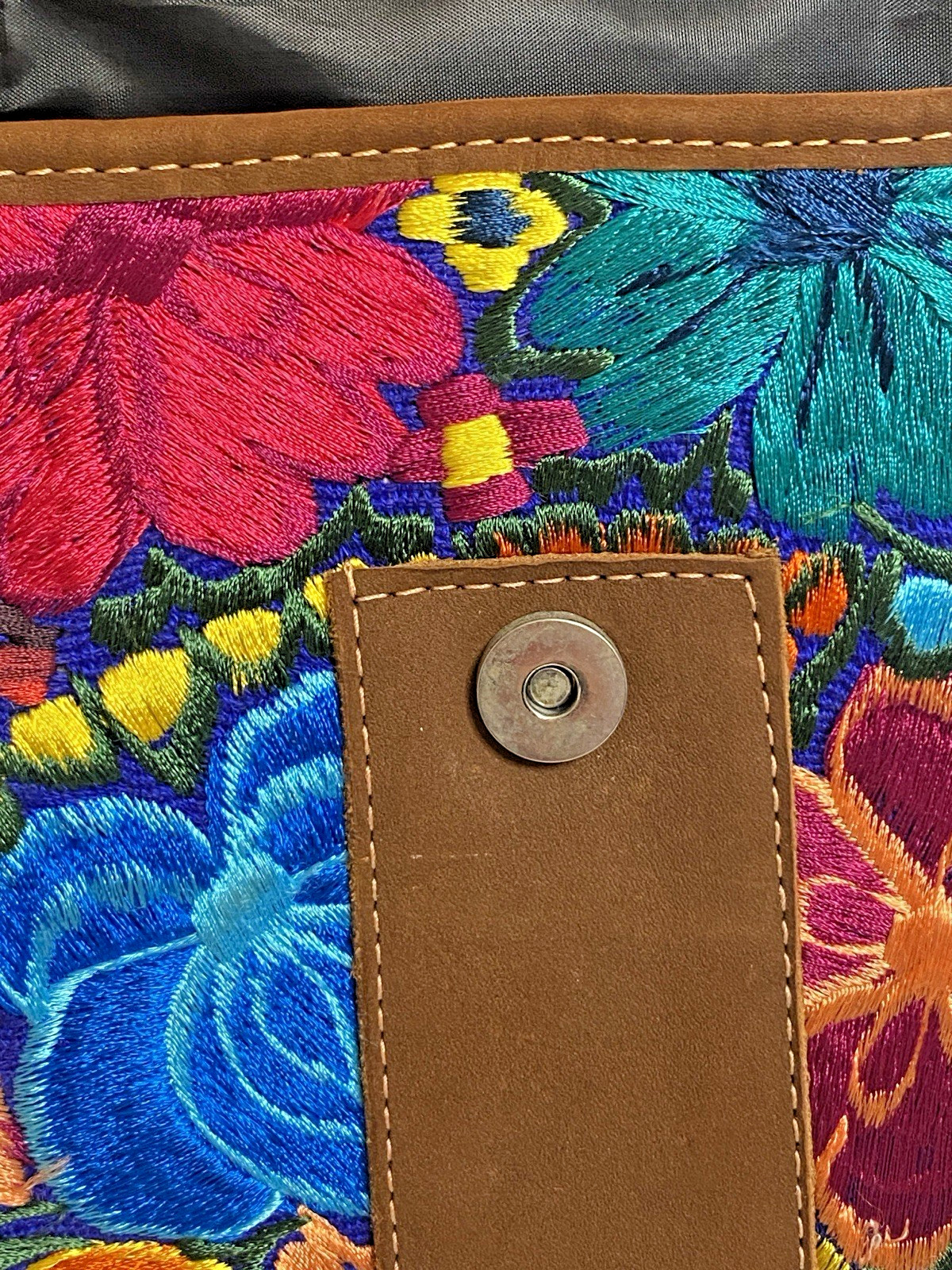 Floral Embroidered Small Women’s Crossbody Bag Magnetic Closure Brown Strap