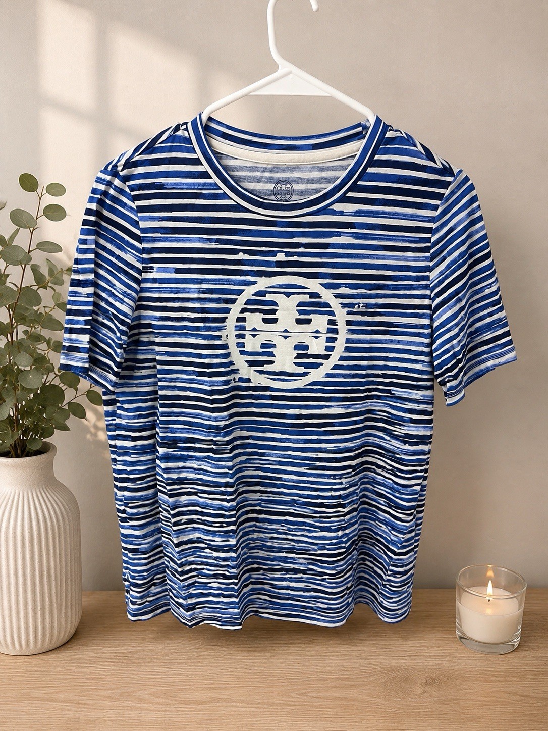 Tory Burch Women’s Blue White Striped Logo T-Shirt Top Size S New Without Tags