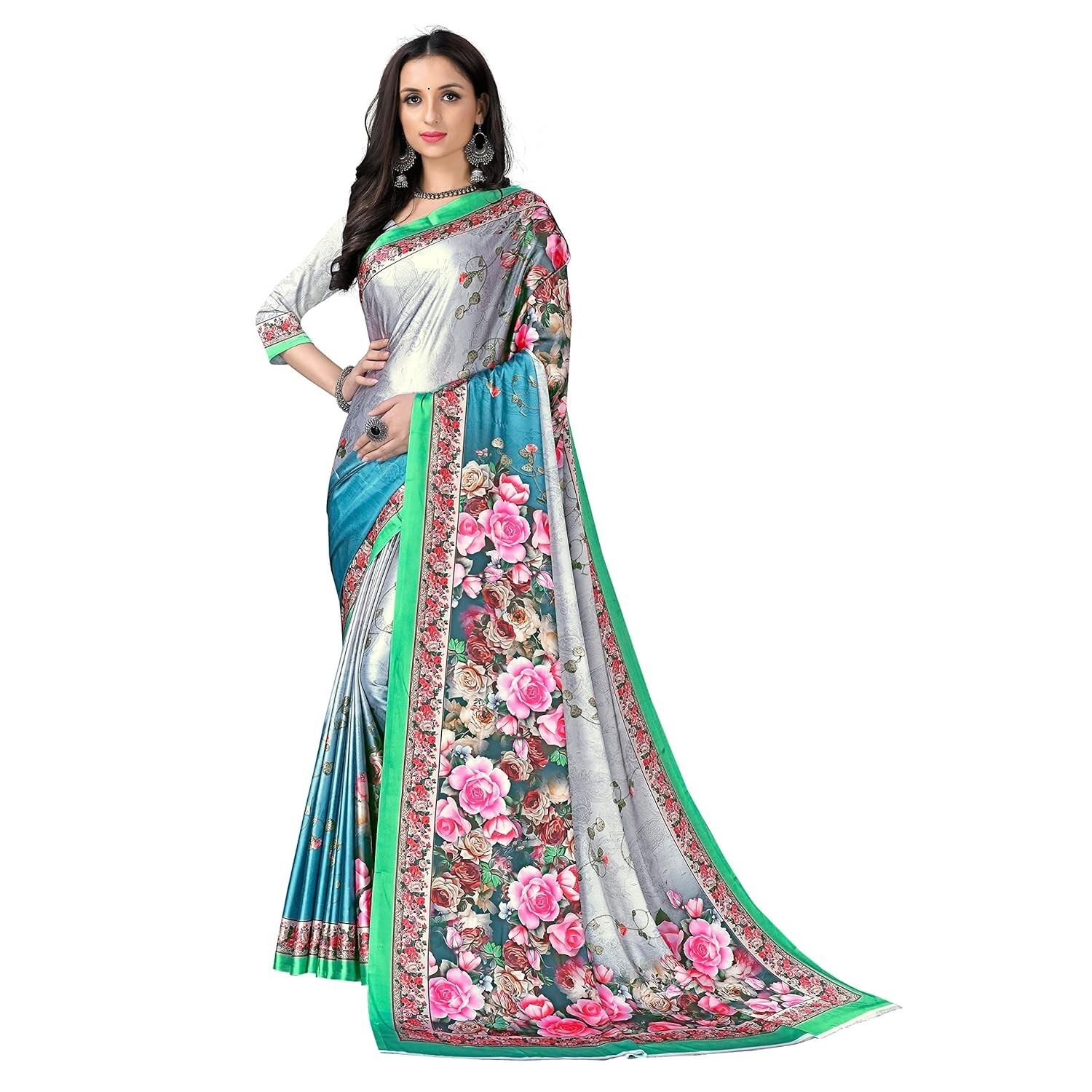 Women’s Satin Crepe Floral Saree for Women with Unstitched Blouse Piece