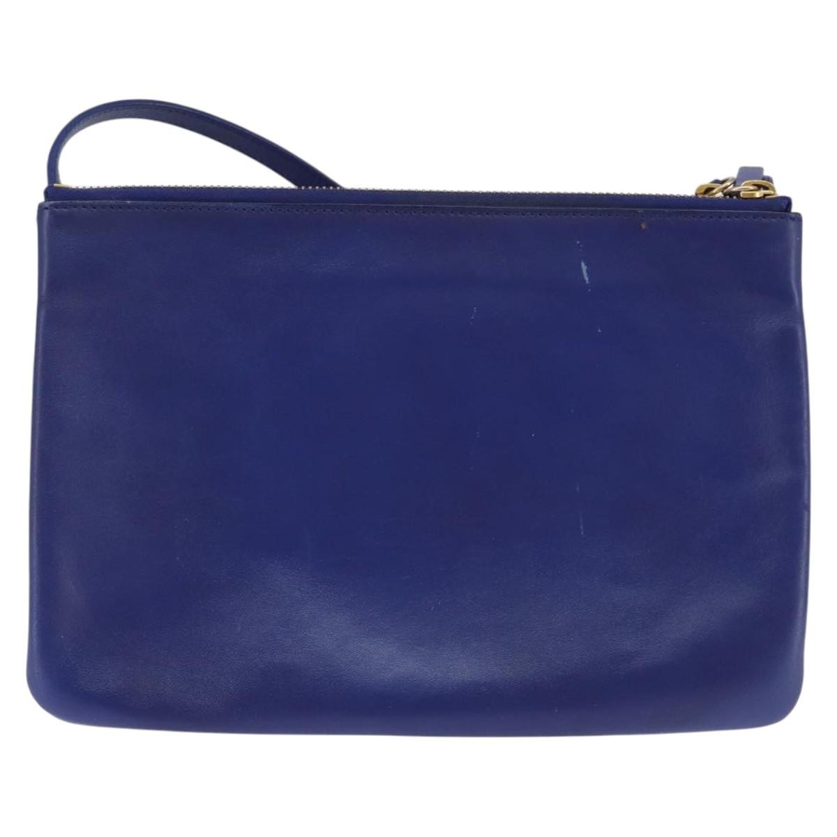 CELINE Trio large Shoulder Bag Leather Blue Gold Auth BA7048
