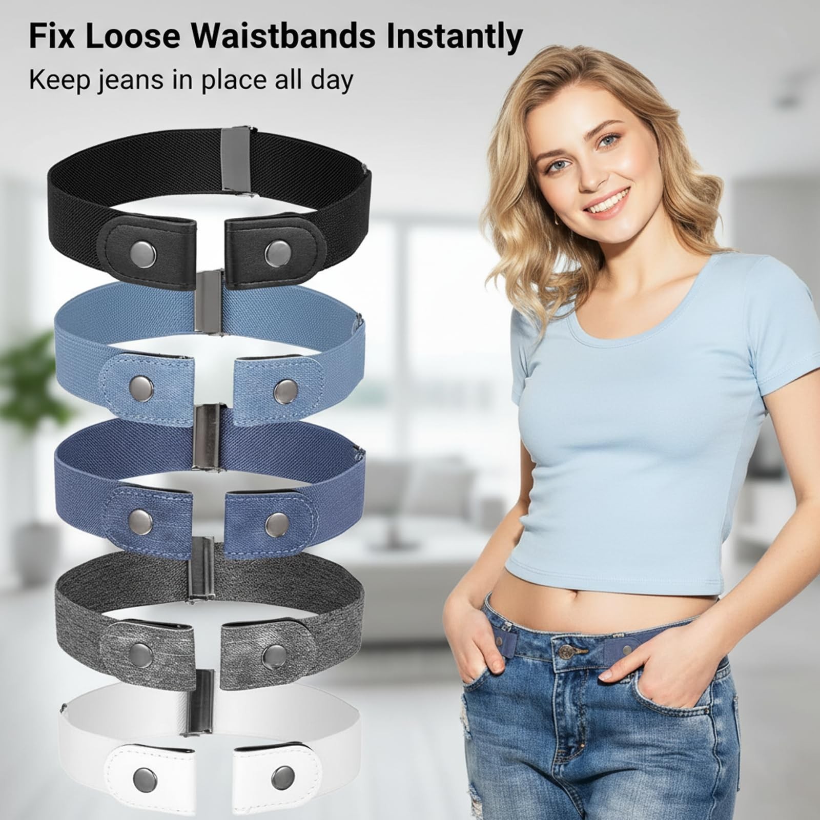 5 Pcs No Buckle Stretch Belt Elastic Invisible Waist Belt for Men Women Jeans