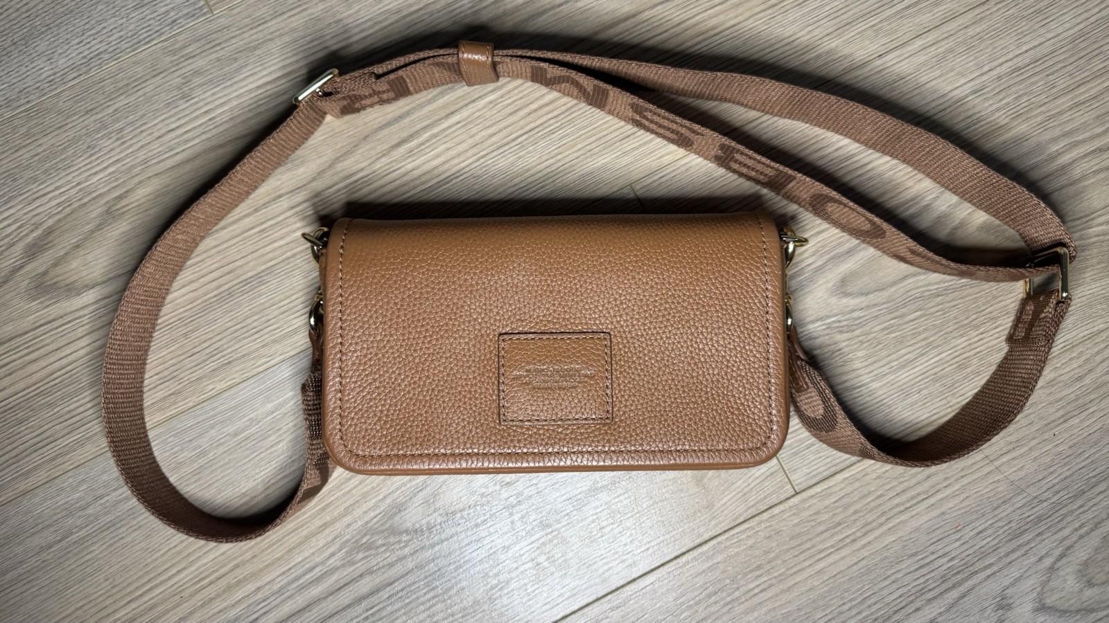 Marc Jacobs Mini Crossbody Bag Brown Pebbled Logo Gold HW Magnetic Closure